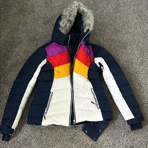 Navy Faux Fur Hooded Winter Coat - Navy with White Piping